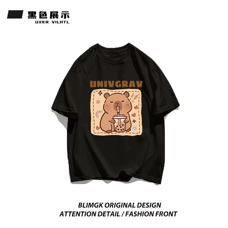 تي شيرت MINISO النسائي اللطيف Capybara Boba - كاجوال بأكمام قصيرة ورقبة مستديرة من البوليستر المتماسك آلة Harajuku Capybara تي شيرت علوي