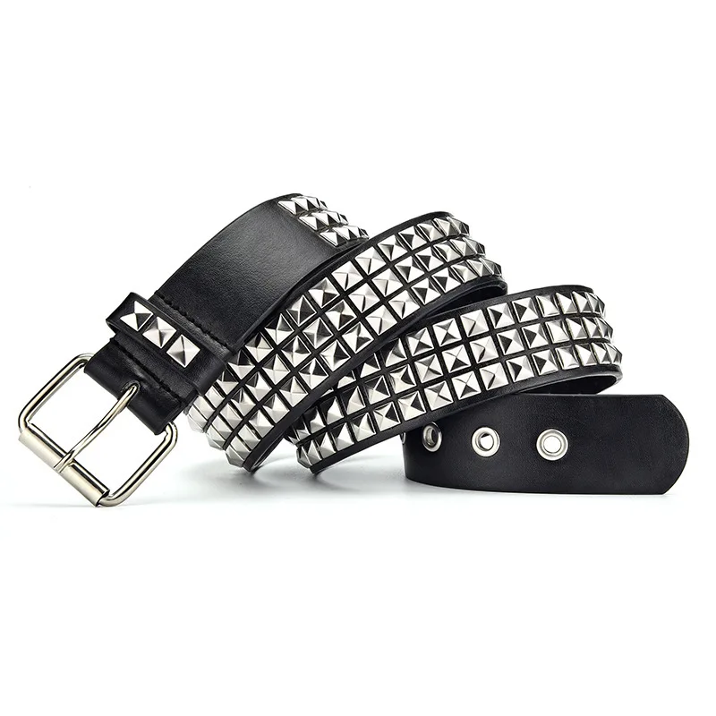 Unisex Punk Rock Pyramid-Studded Rivet Belt - Sleek Black with Grommets and Bright Metal Detailing - Fashion Accessory for Edgy