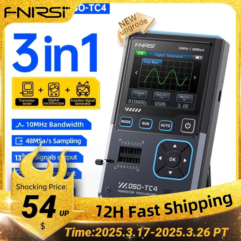 FNIRSI DSO-TC4 Upgrade 3 in 1 Digital Oscilloscope 10MHz 48Ms/s Transistor Tester Electronics Component Tester USB Charger Tools