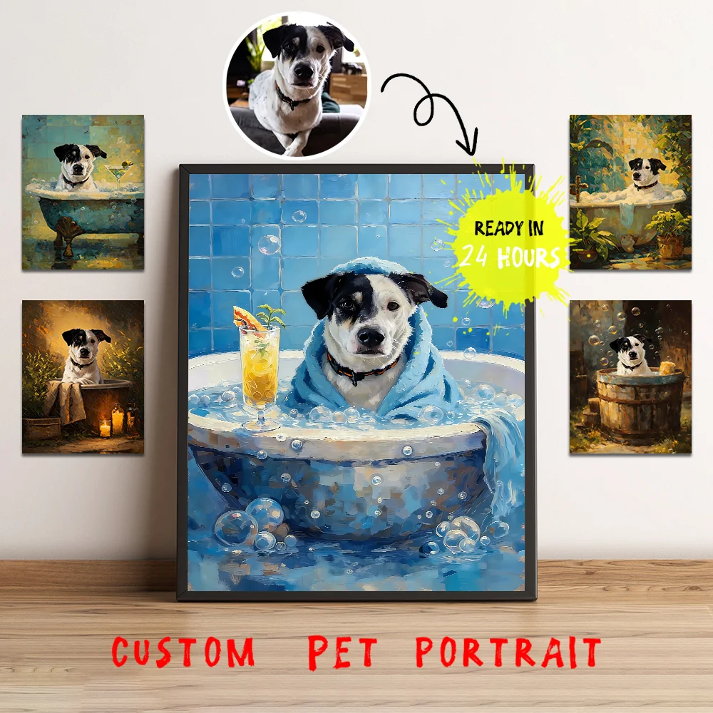 Custom Pet Portrait Canvas Painting,Personalized Pet Bathing Art Poster Prints,Unique Funny Bathroom Decor Gift For Pet Owners