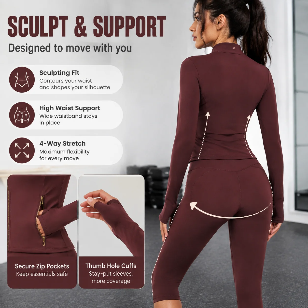 Women 2 Piece Yoga Set Zip Up Jacket High Waist Capri Leggings Gym Workout Activewear Set