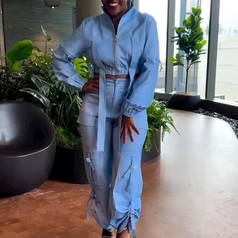 Streetwear Dwuczęściowy zestaw dla kobiet Odzież Zamek błyskawiczny Kurtka z golfem Wstążka Top i spodnie Cargo Dopasowane zestawy Stroje Dresy