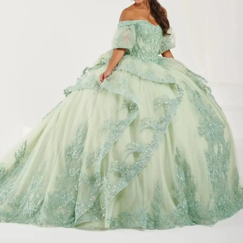 

Green Quinceanera Dress Ball Gown Off The Shoulder Birthday Party Appliques Lace Beads Tull Sweet 16 Vestidos De 15 Años