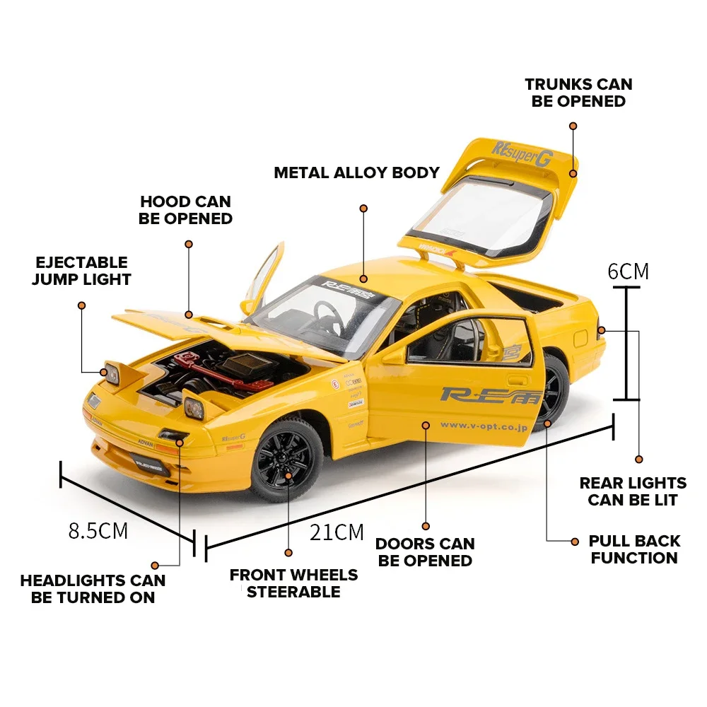 1:24 RX7-FC Symulacja supersamochodu Odlewany model samochodu ze stopu Dźwięk i światło Model kolekcjonerski Chłopcy Zabawki Prezenty