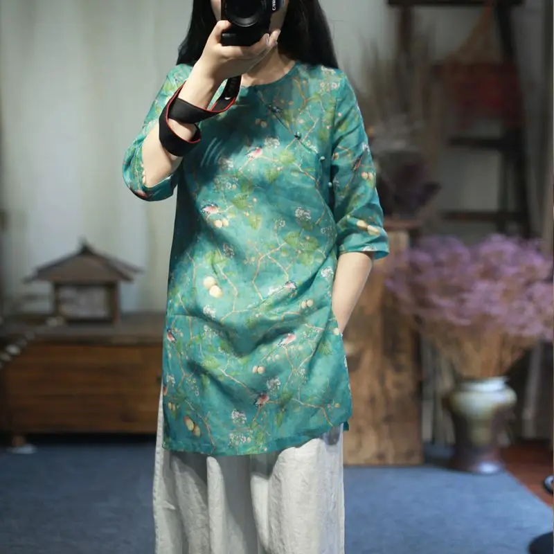 Retro Chinese style summer women's printed round neck slanted collar with pearl buttons loose fitting mid sleeve shirt tops