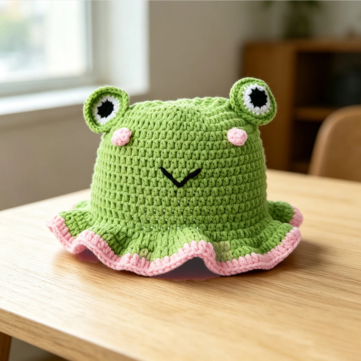 Woman Handmade Crochet Frog Beanie Stripe Knit Ruffled Frill Brim Pullover Hat Festival Party Cartoon Animal Funny Costume Cap