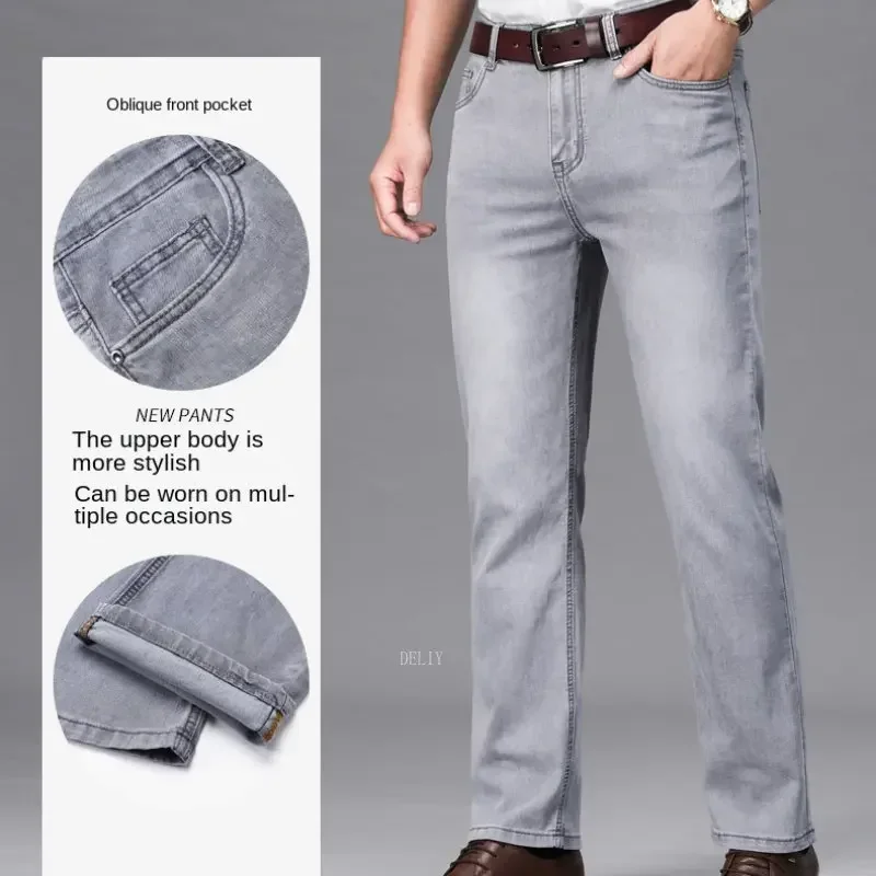 2024 Brand Thin or Thick Material Straight Cotton Stretch Denim Men's  Business Casual High Waist Light Grey Blue Jeans