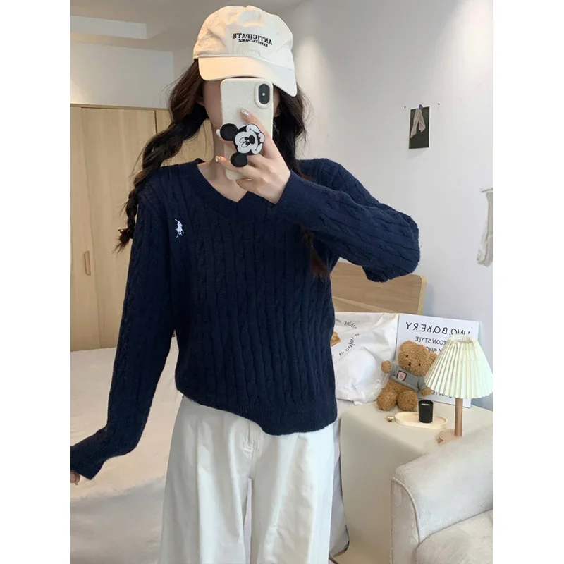 Women's Clothing Solid Embroidery V-neck Sweater Autumn Winter New Loose Casual Solid Preppy Style Pullover Thick White Wool Top