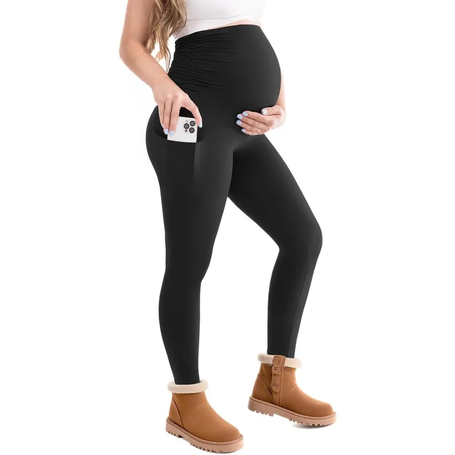 Maternity Fleece Lined Leggings with Pockets Warm Pregnancy Buttery Soft Yoga Workout Pants Winter