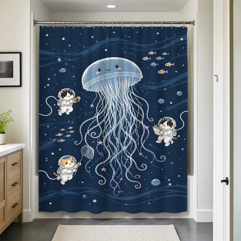 Waterproof Shower Curtain Jellyfish Astronaut Ocean Cartoon Kids Bathroom Decor Bath Curtain Novelty Houseware Print