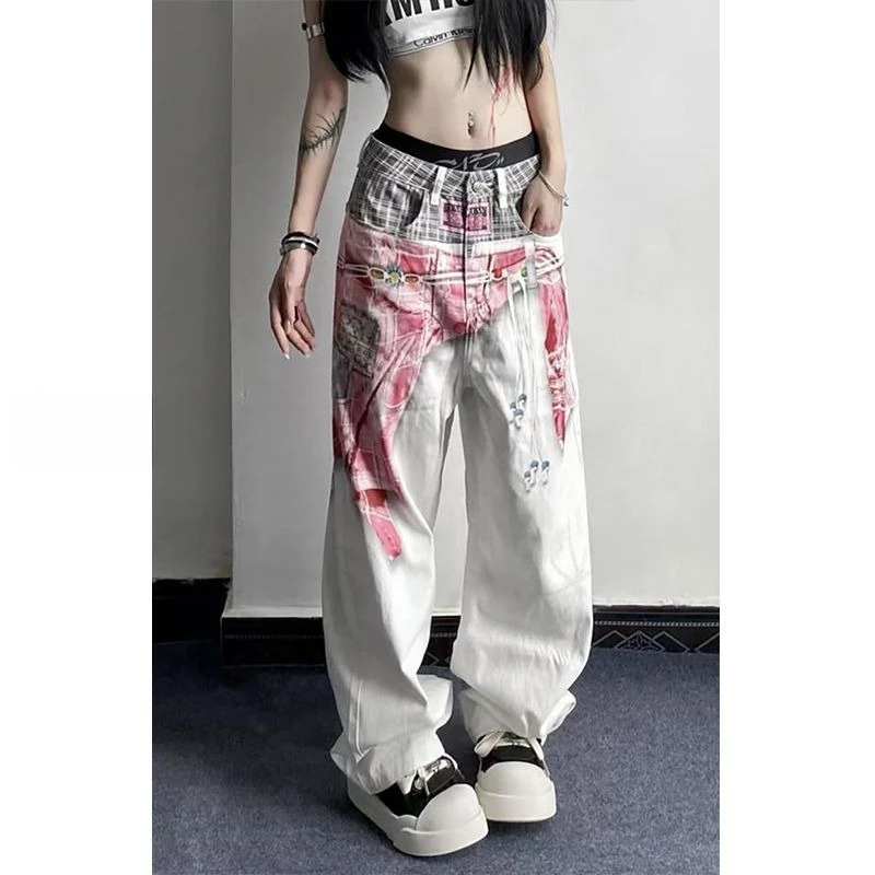 High Street American Graphic Printed Design High Waisted Jeans Women Clothes Y2K Casual Fashion Aesthetic Straight Baggy Trouser