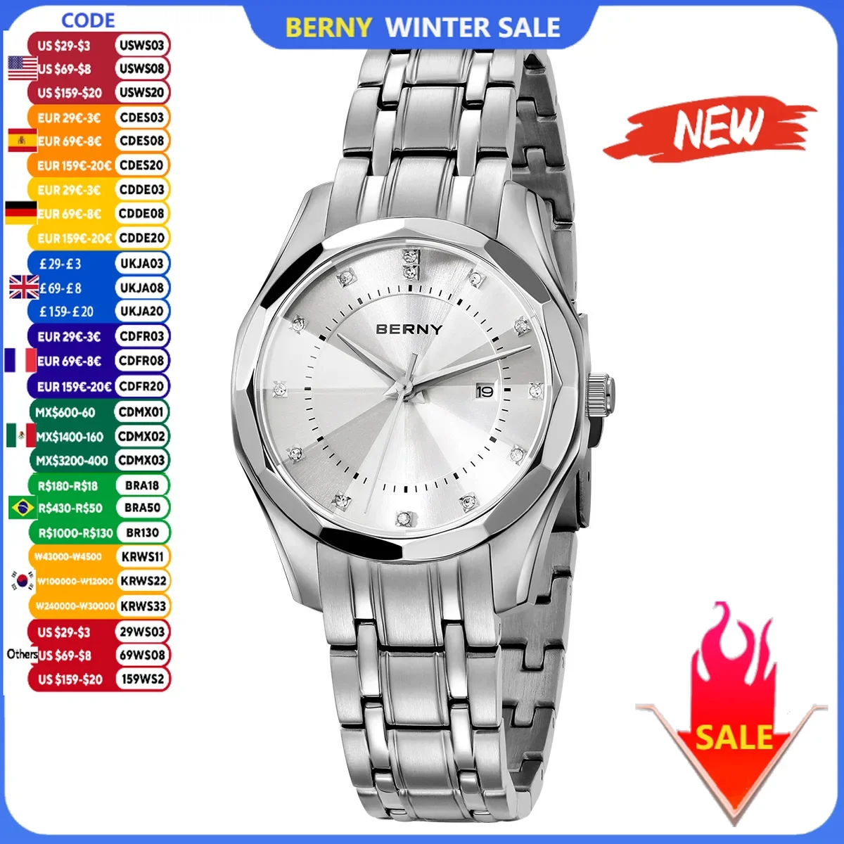 

BERNY Watch for Women Wristwatch Waterproof Golden Clock Quartz Stainless Steel Fashion Men Ladies Watch