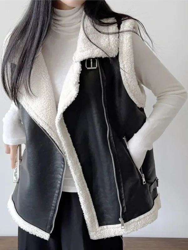 

Chic Hong Kong Sle Lamb Fur Vest Women's Winter Anti-Aging PU Leather Svel Jaet Coat Korean Thiened Large Size