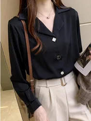 #3127 Black White Blue Office Shirts Blouse Women Tailored Collar Loose Chiffon Long Sleeve Shirts Female Chiffon Women Shirts