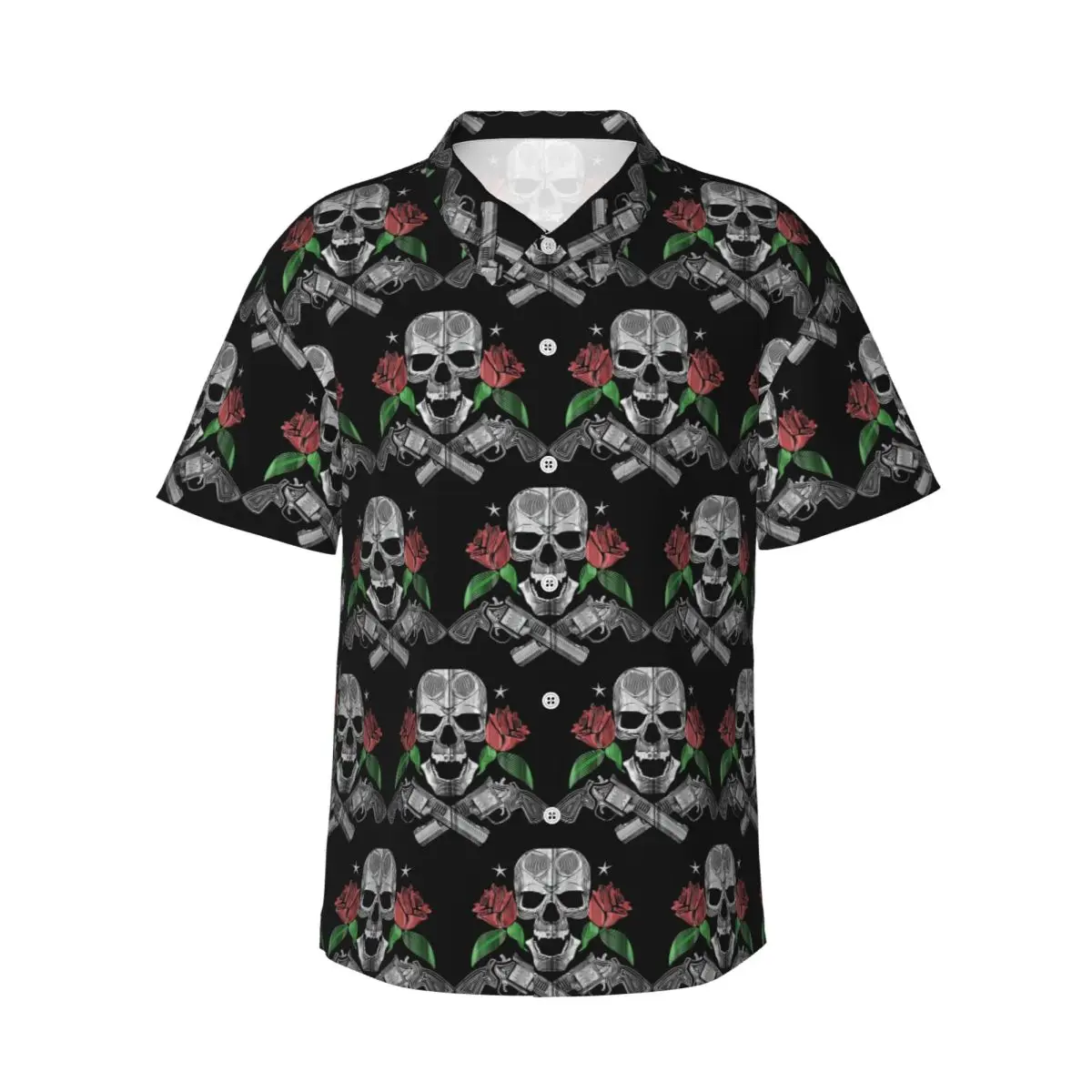 

Red Roses With Guns And Skull Design Zip Hoodie Men's Shirts Hawaiian Short Sleeve Shirt Casual Button Tops for Summer Beach