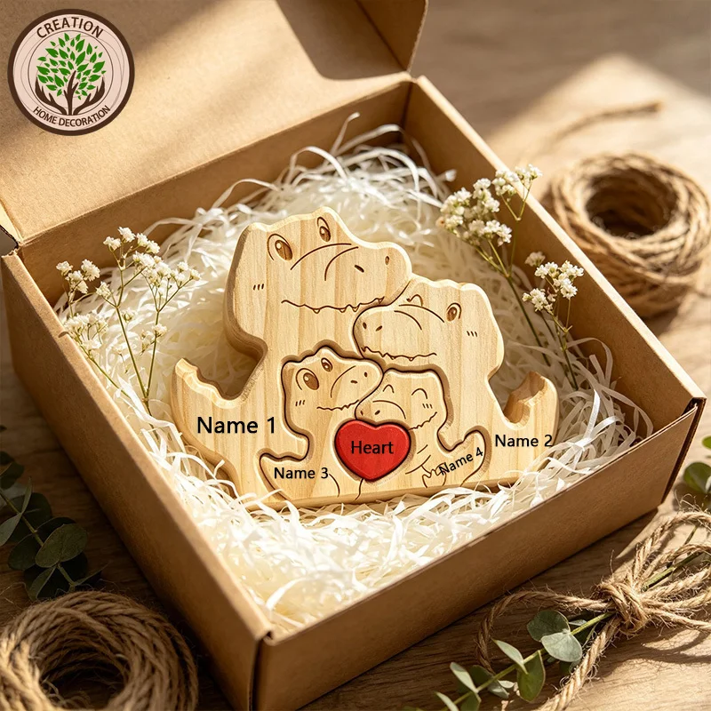 Personalized Custom Name Handcrafted Wooden Dinosaur Family Puzzle Laser Engraved Family Souvenir