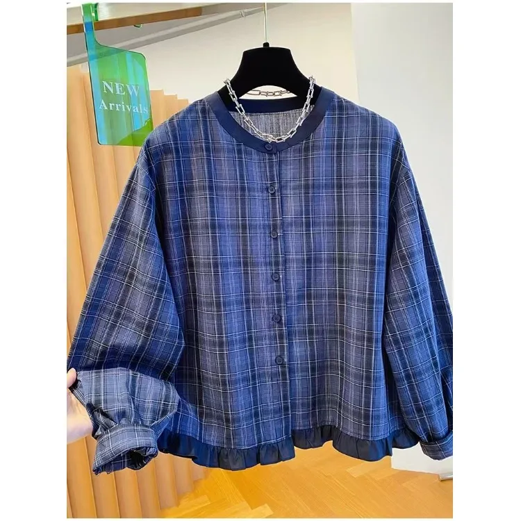 

Элегантная женская рубашка-жакет в клетку больших размеров, повседневный топ с круглым вырезом, весна-осень, новинка, комфортный свободный крой, для работы и повседневной носки