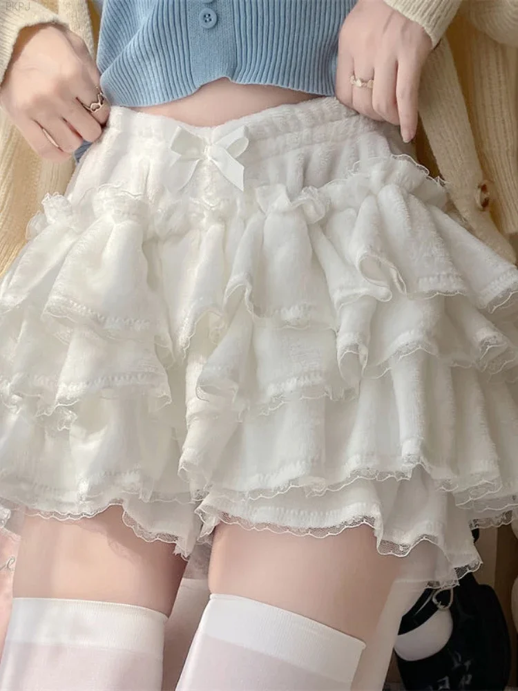 Pink White Lolita Y2k Sweet Skirt Women Bow Japanese Cute Party Mini Skirt Female A-line High Street Designer Puffy Skirt 2024