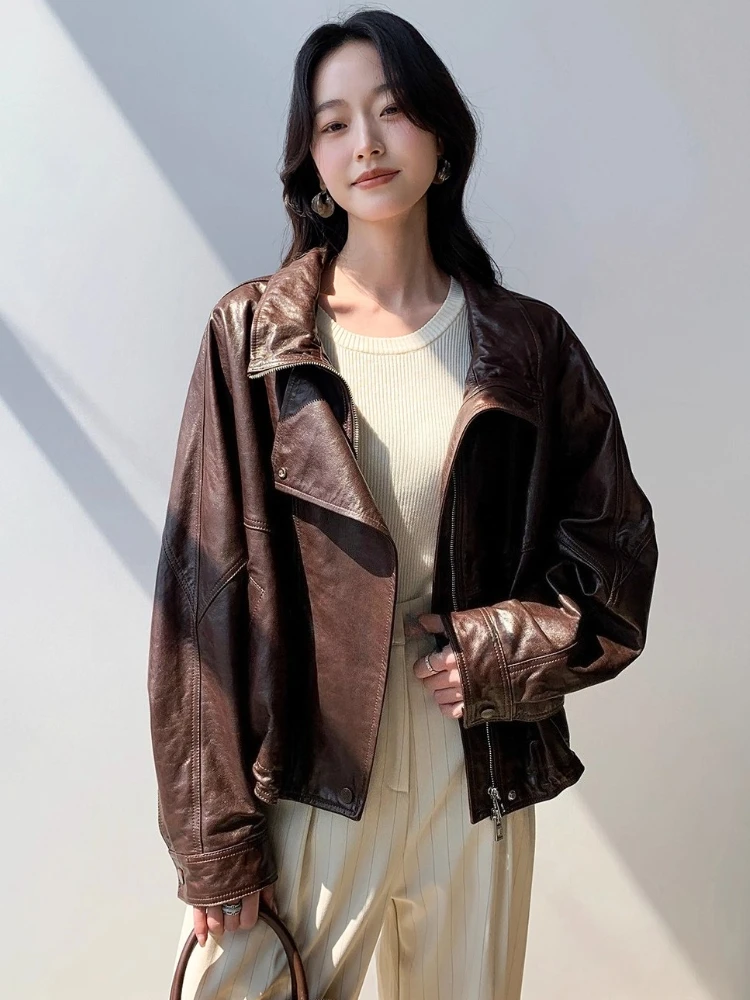 Oversize Genuine Leather Motorcycle Jacket for Women Spring Autumn High-end Simple Casual Soft Short Oil Wax Real Sheepskin Coat