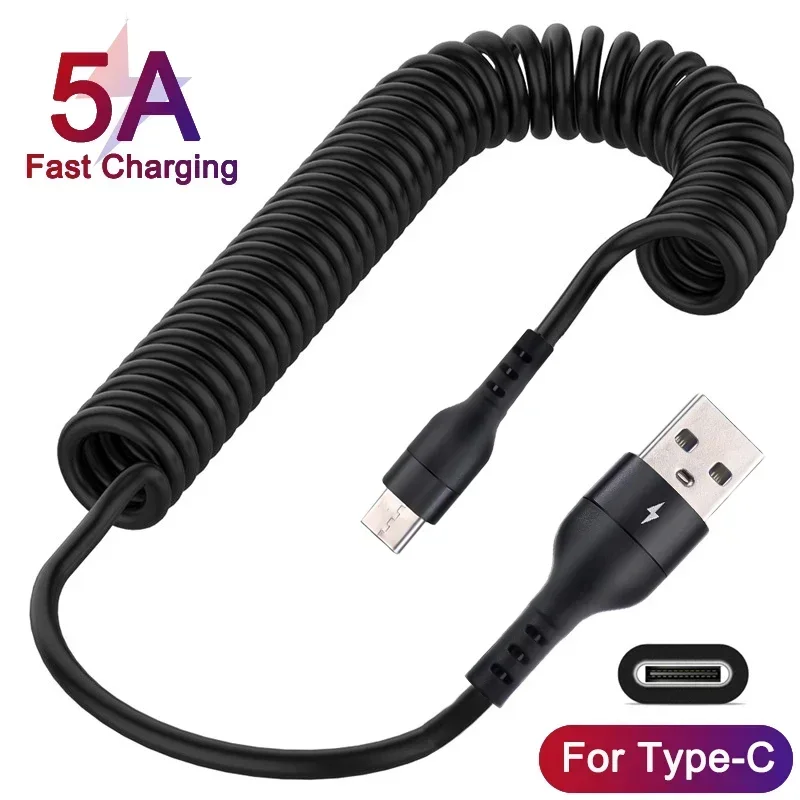 1.5m/1m 5A Spring Pull Telescopic Fast Charging USB Type C Cable For  Huawei Android Phone Accessories Car USB Data Cable