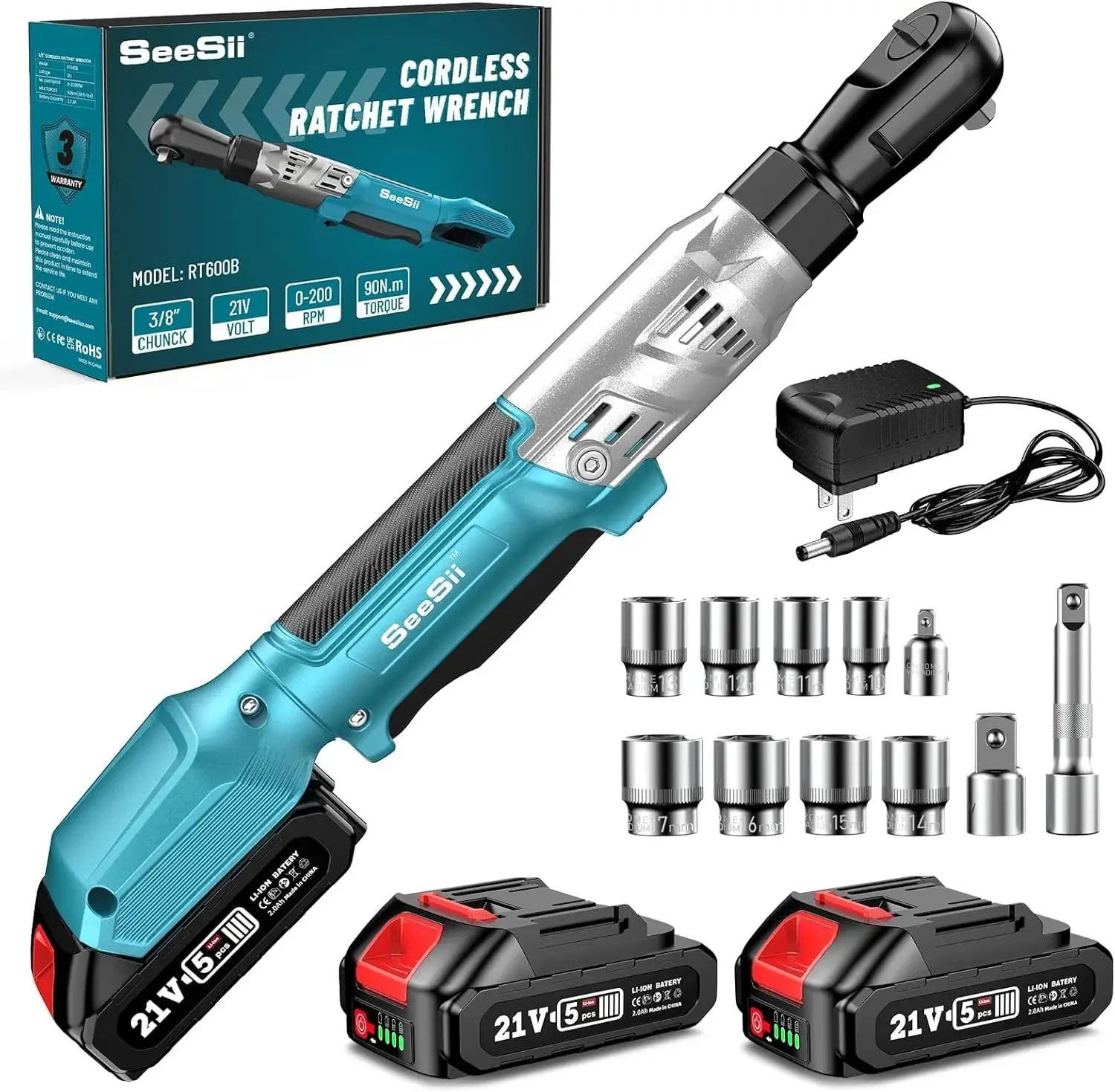 

Seesii RT600BP 3/8" Cordless Ratchet Wrench Kit 66Ft-lbs Electric Ratchet 21V Variable Speed Power Ratchet 2X2.0Ah RT600B Wrench