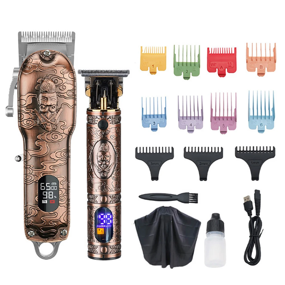 2PCS/Set Old School Style Portable Shavers for Men with LED Display, 11pcs Changeable Attachments - Brown