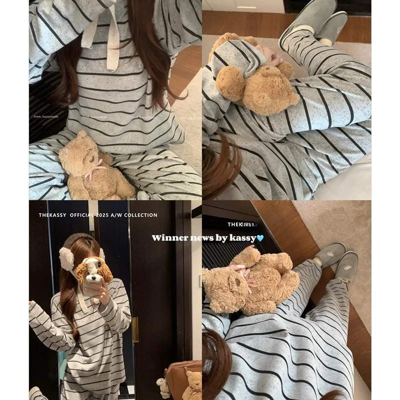

Thiened Long Sve Spwear Set Sweet Stripes Dervo Sle Loose Home Clothes Korean Version Autumn Winter New Arrival