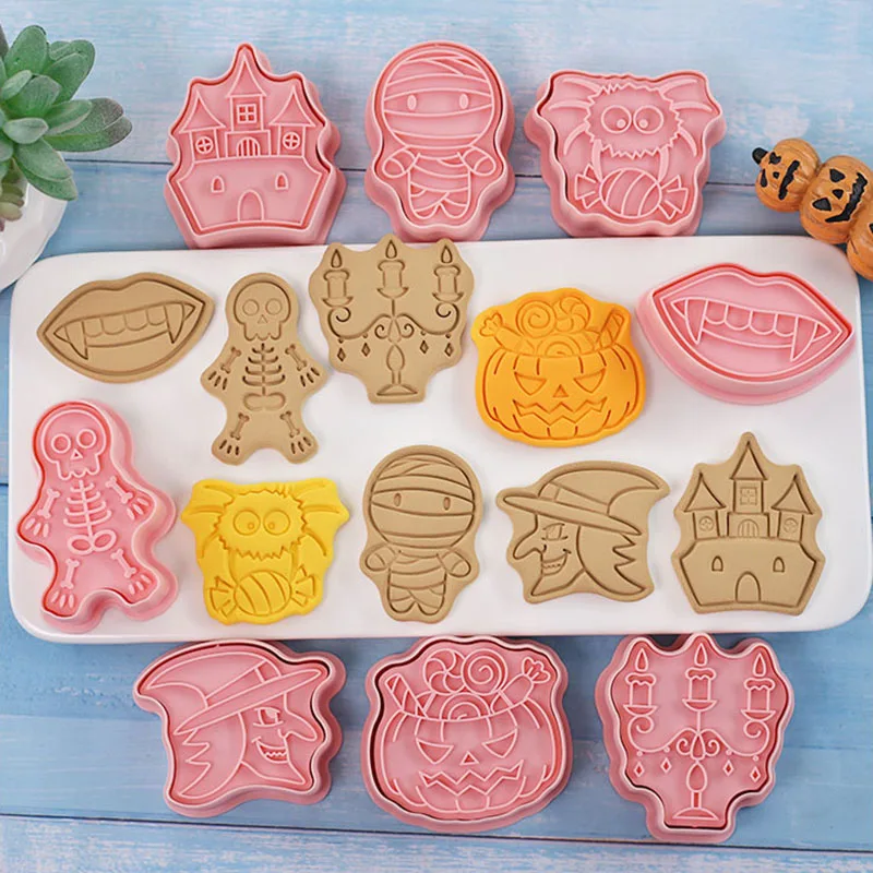8Pcs Halloween Cookie Cutters Haunted House Mummy Skeleton Fangs Lips Witch Candle Biscuit Stamp Mold
