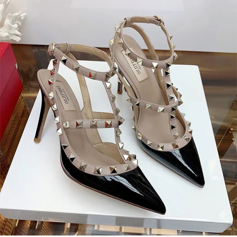 Genuine Leather Women High Heels Sandals 2024 Trend Summer Rivets Sequin Pointed Pumps Sexy Classic Girl Sandals Wedding Shoes