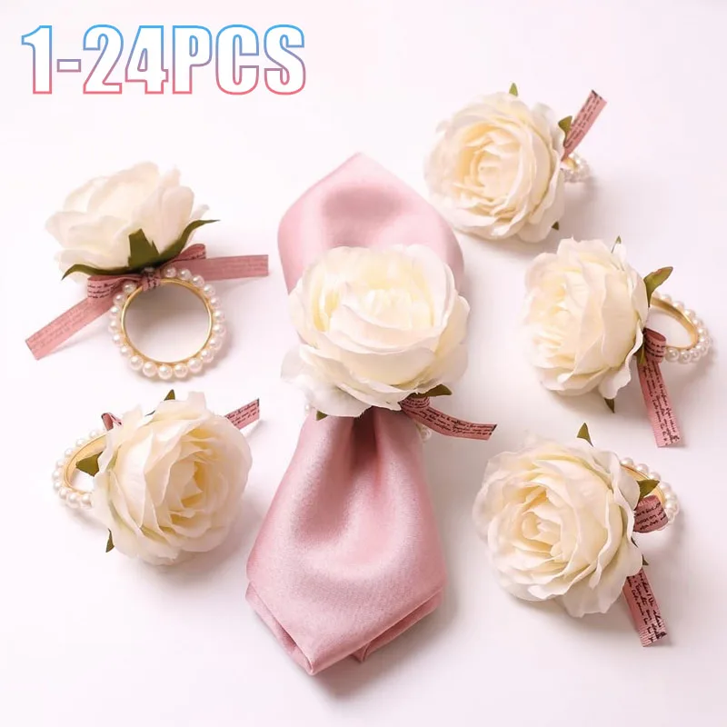 1-24PCS Pearl Rose Napkin Rings Creative Table Decor for Wedding Banquet Hotel Party Dinner Elegant Centerpiece