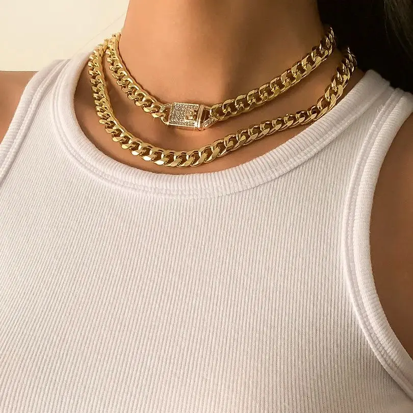 Punk Hip Hop Thick Cuban Chain Necklaces for Women Exaggerated Gold Color Hollow Out Lock Chokers Steampunk Jewelry Accessories