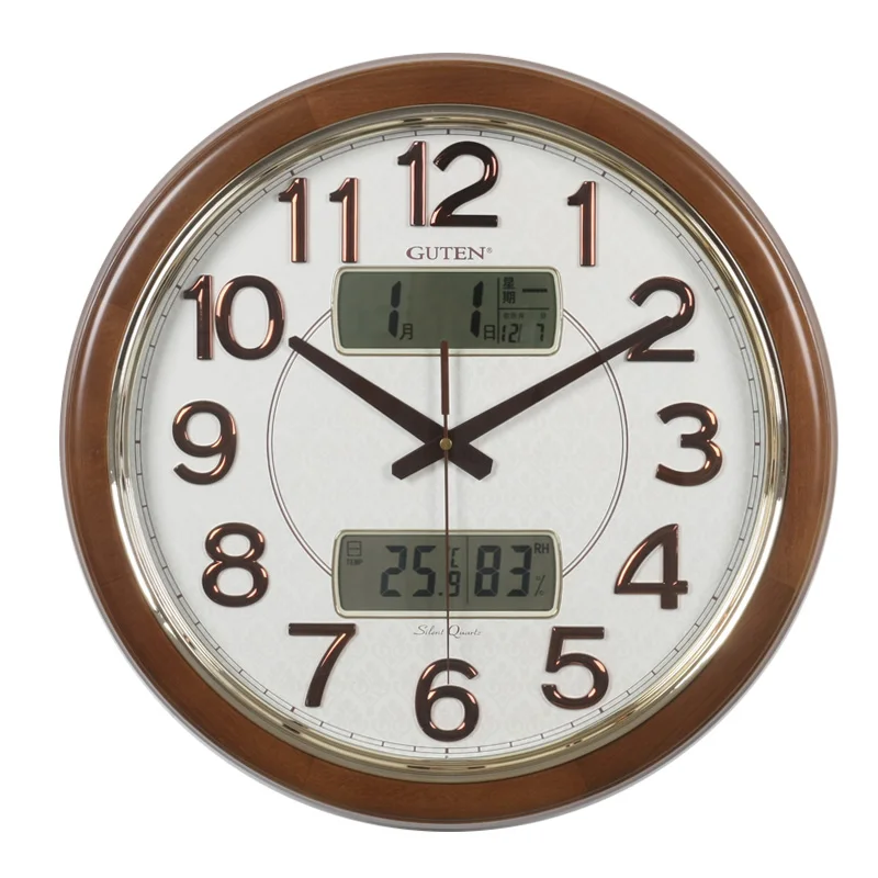 44cm solid wood wall clock/European round living room wall clock/bedroom mute clock/temperature and humidity