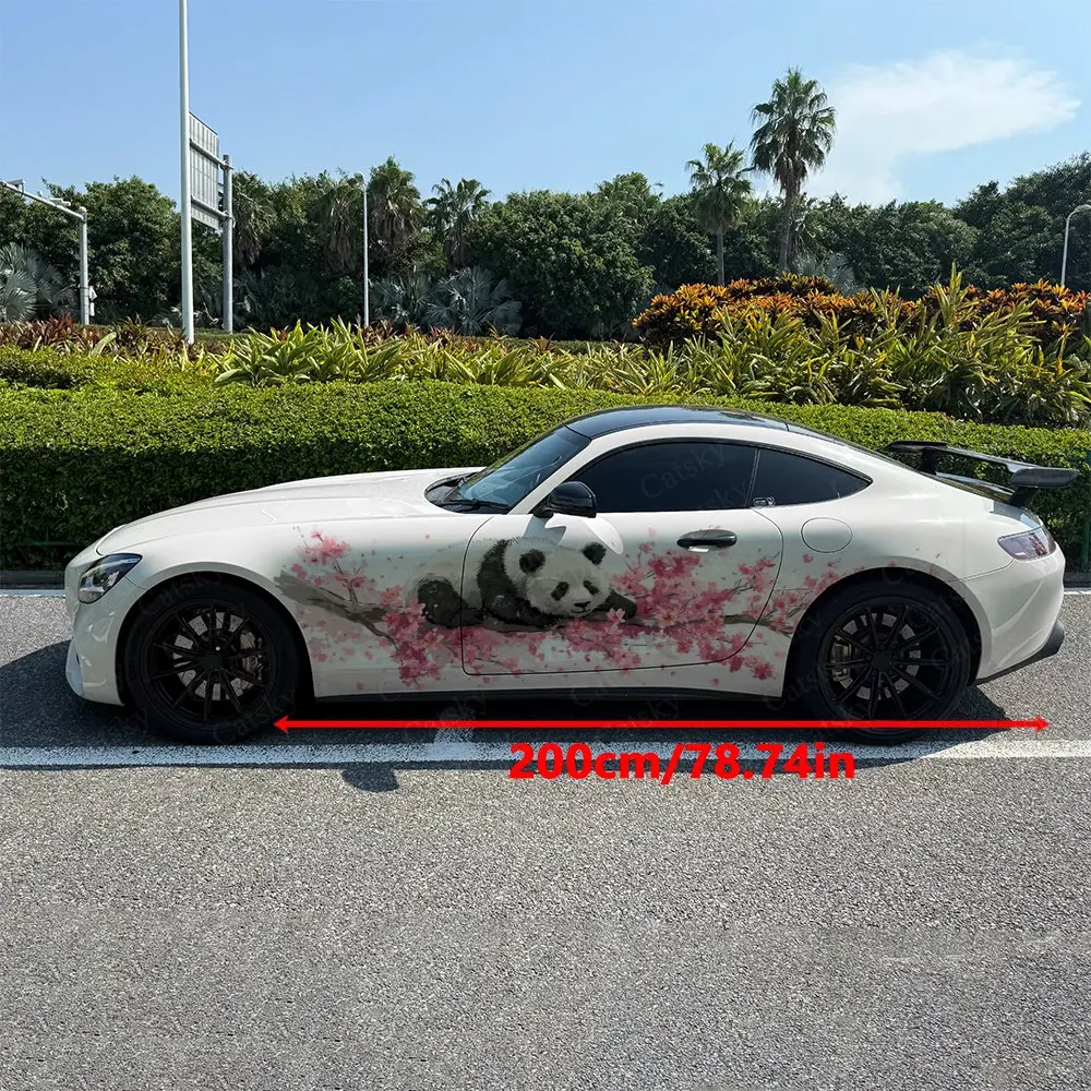 2pcs Panda on Cherry Blossom Branch Car Side Wrap, Self-Adhesive PVC Waterproof & Scratch-Resistant Stickers, Car Accessory Gift