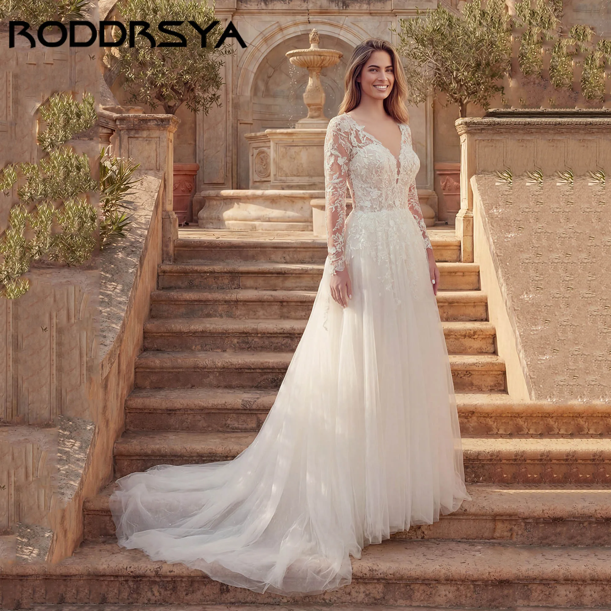 Классическое свадебное платье RODDRSY с длинными рукавами, А-силуэт, V-образный вырез, из тюля, с иллюзорной спинкой и аппликациями, на заказ