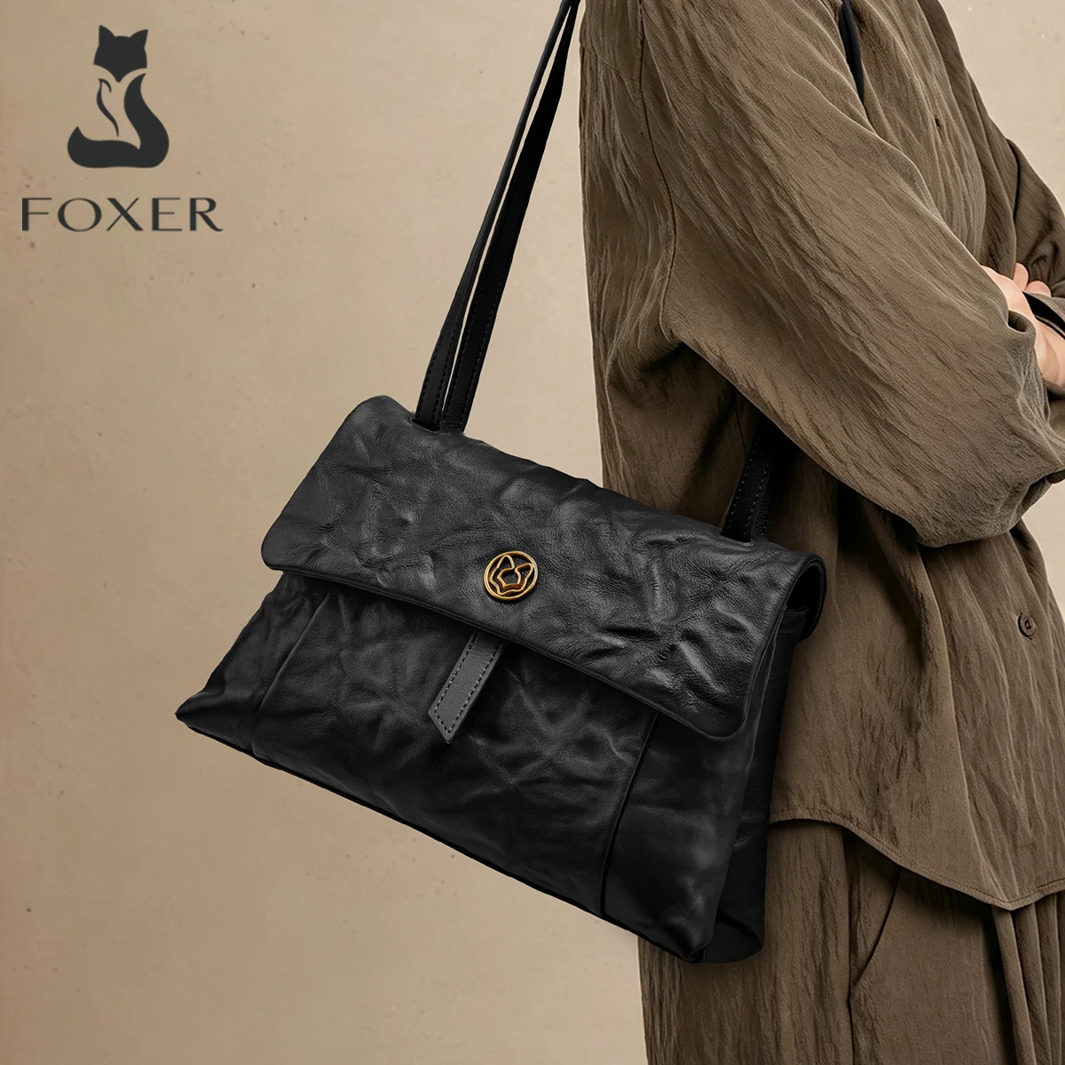 FOXER Wrinkled Genuine Leather Shoulder Bag Women's Handbag Cow Leather Female Tote Bag Casual Large Capacity Ladies Flap Purse