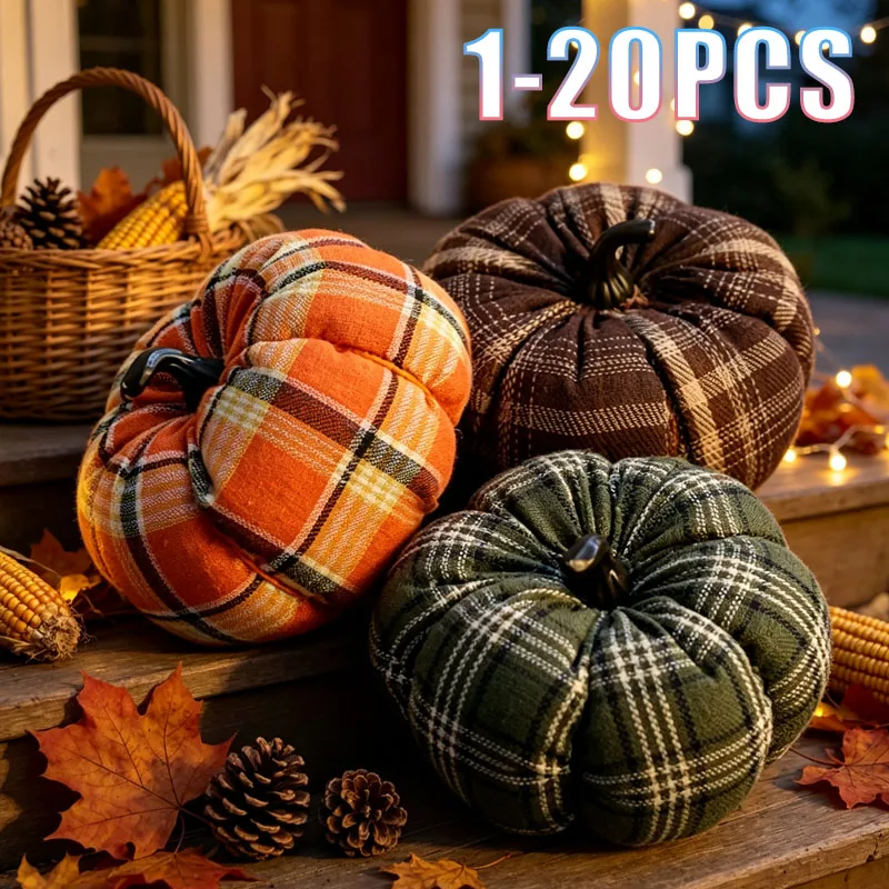 1-20PCS Harvest Thanksgiving Plaid Fabric Pumpkin Ornament Halloween Fall Scene Decoration for Home Party Indoor Outdoor Yard