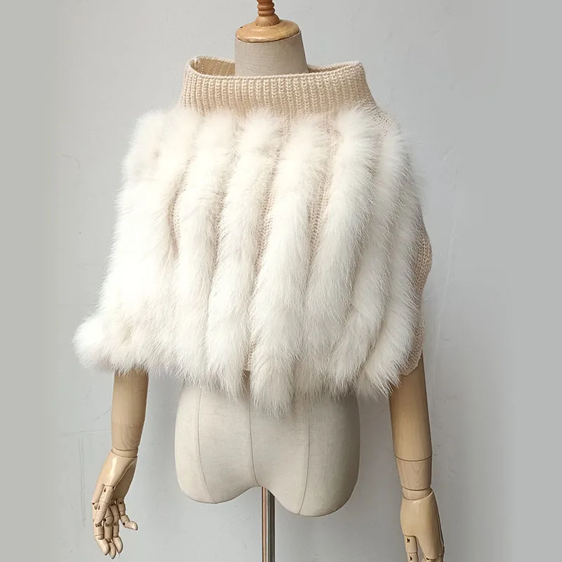 Women Fox Fur Striped Knitted Shawl Turtle neck Fashion Warm Autumn Knitted Real Fur Poncho