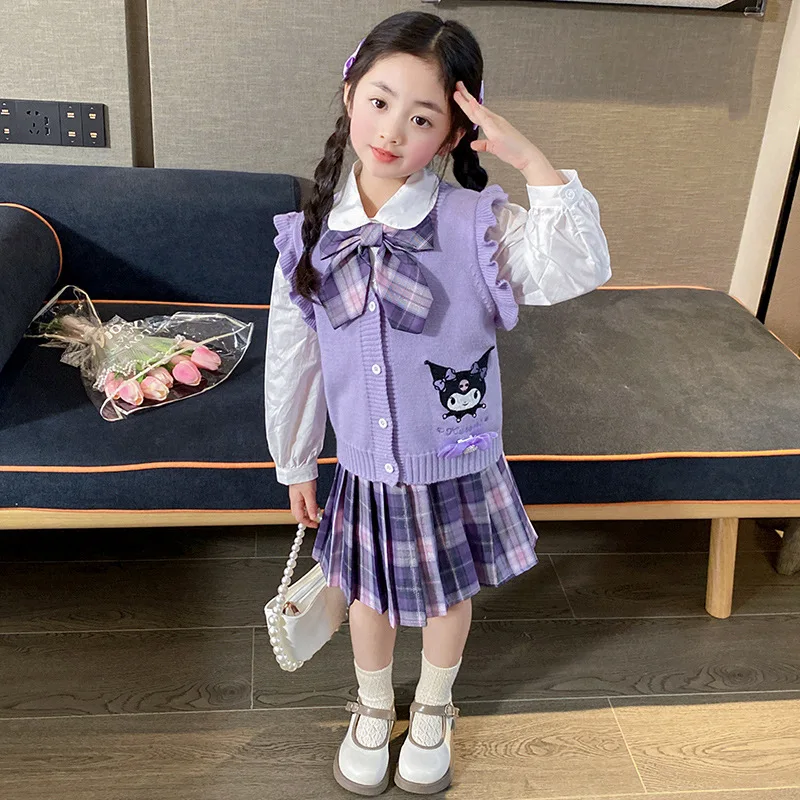 Kawaii Kuromi Kids Cardigan JK Three-Piece Set Sanrio My Melody Clothes Girls Cute Sleeveless Vest with Plaid Skirt and Shirt