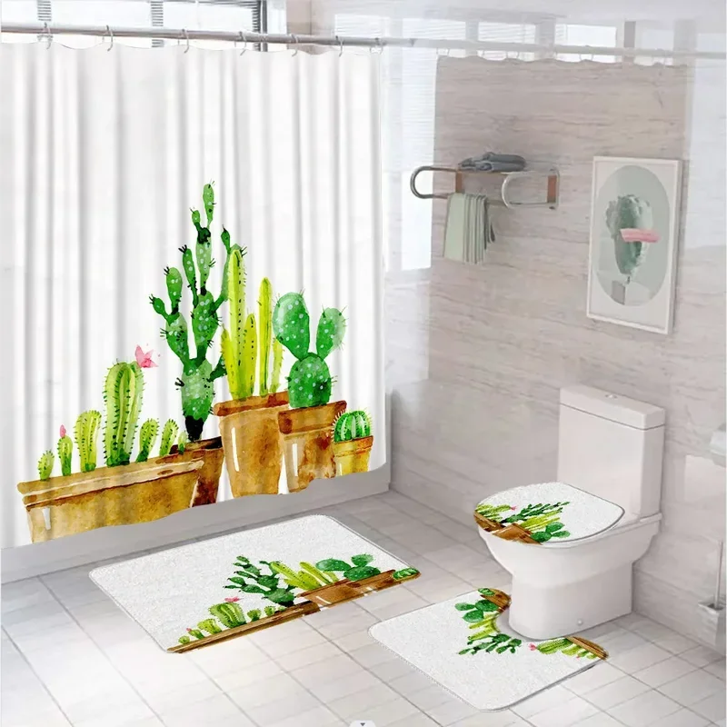

PO01 4Pcs Succulent Plants Shower Curtains Sets with Rugs Toilet Lid Cover Bath Mats Watercolor Cactus Potted Fabric Bathroom C