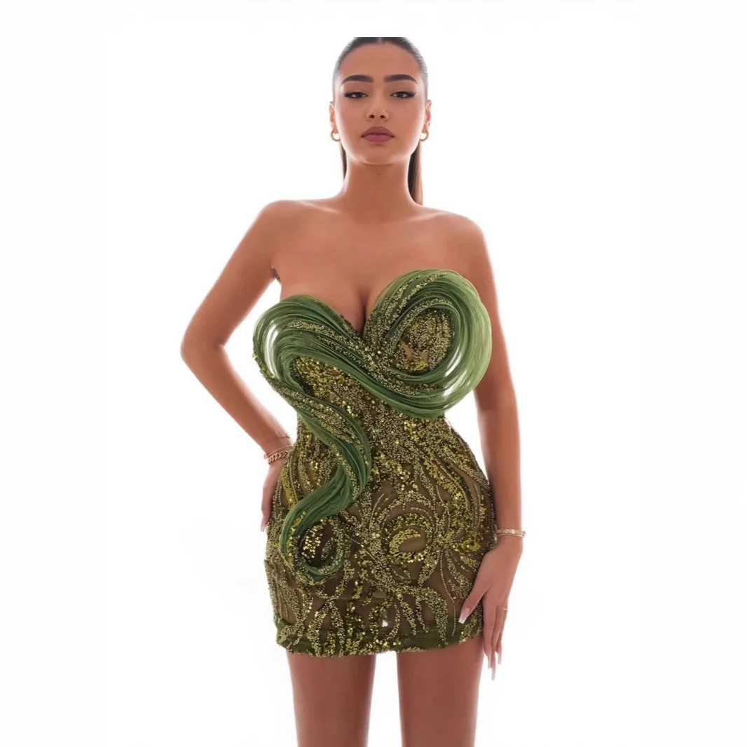 

Women Evening Dresses Tube Top V-neck Green Sequined Pleated Three-dimensional Slim Fit Sexy Hip Wrap Dress Art Dress