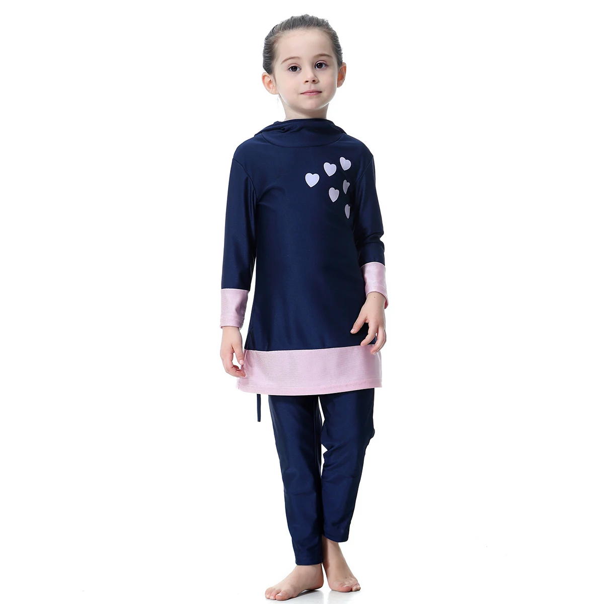 Lovely Muslim Girls Swimwear Burkini Baby Child Teens 1-16Y Islamic Hooded Swimsuit Full Cover Quick Dry Hearts Printing image 5