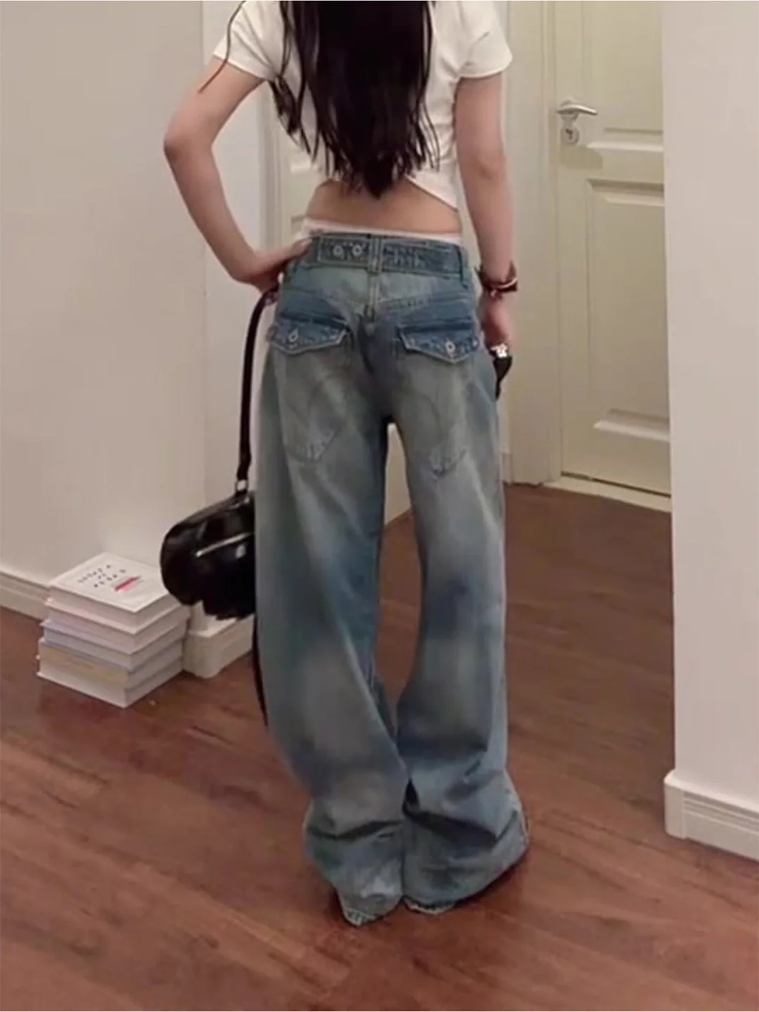 

Ретро-джинсы в американском стиле с вышивкой, женские, облегающие, летние, новая модель, широкие штанины, свободный крой, повседневные, с высокой талией