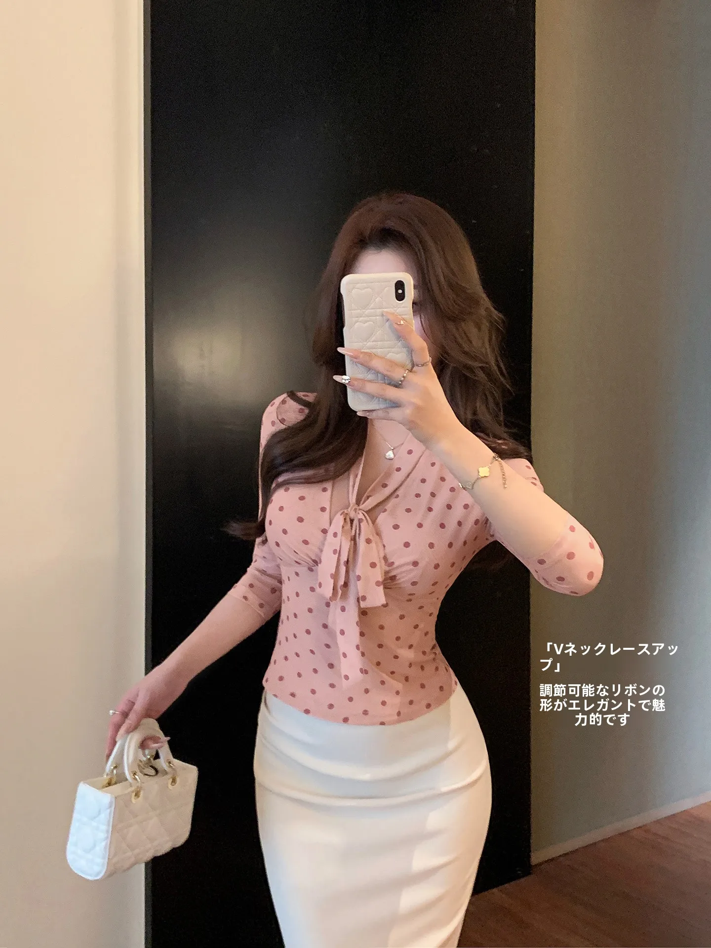 Slim Fit V-Neck T-Shirt Women's Summer  Knot Sash Seven Sleeve Polka Dot Net Shirt Waist Cinching  Shirt