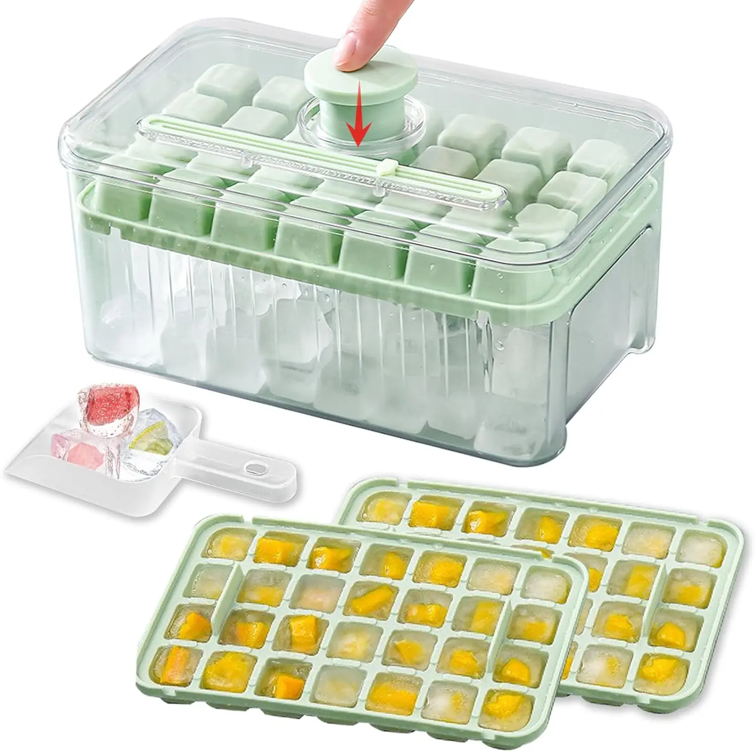 

Mini Ice Cube Tray with Lid and Bin Ice Container Box 56 PCS Ice Cube Mold with Scoop for Whiskey Cocktail Tea Coffee and DIY