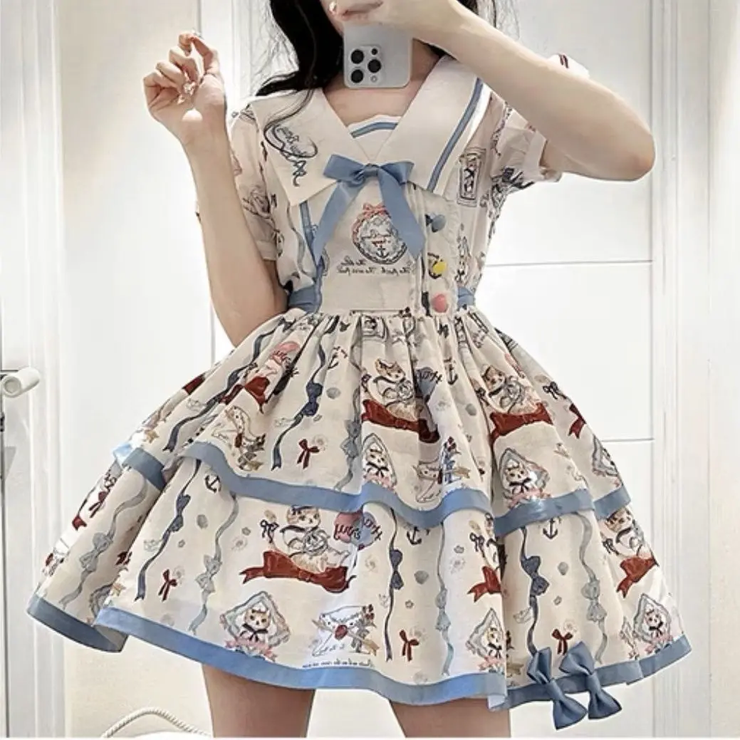 

Coalfell Sailing Postman Meow Hawthorn Berry Original Dress Lolita Summer Lightweight Cute sweet Navy Neck Short Sleeve OP Dress