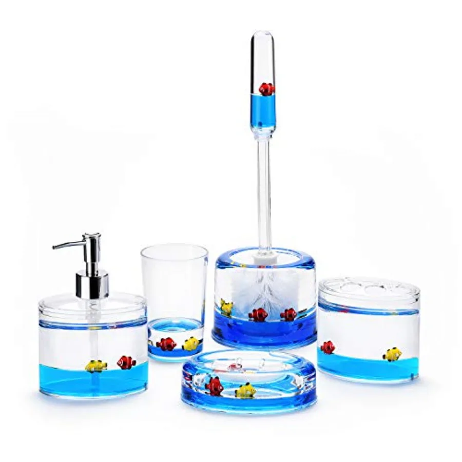 

5 Pcs Acrylic Liquid 3D Floating Motion Bathroom Vanity Accessory Set Ocean Cartoon Animal Theme Nimo Toothbrush Holder, Tumble