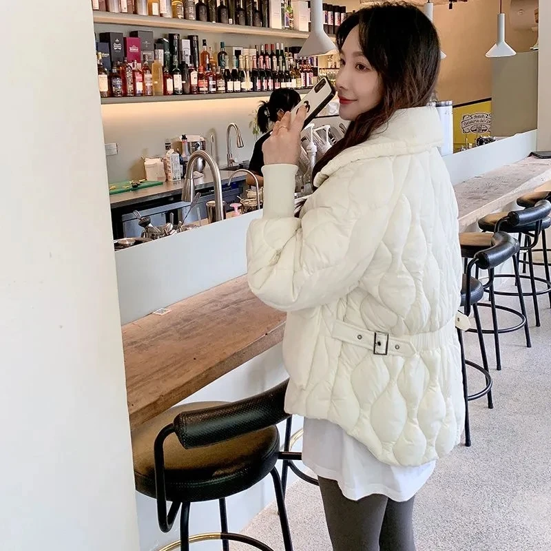 

Korean Fashion Lattice 2023 New in Winter Jacket for Woman Clothing Long Sleeved Top Loose Coat Stand Collar Solid Color Parkas