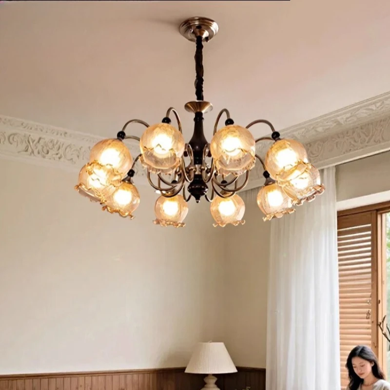 

French Luxury Medieval Wooden Chandeliers LED E27 Flower Shape Glass Pendant Light Living/model Room Bedroom Restaurant Studio