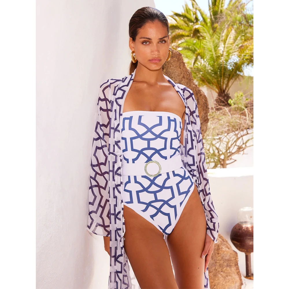 Bandeau One Piece Swimsuit With Belt Pink Girly Bikini Luxury New Cover Up Kimono 2024 Beach Outfits For Women Kaftans For Mujer