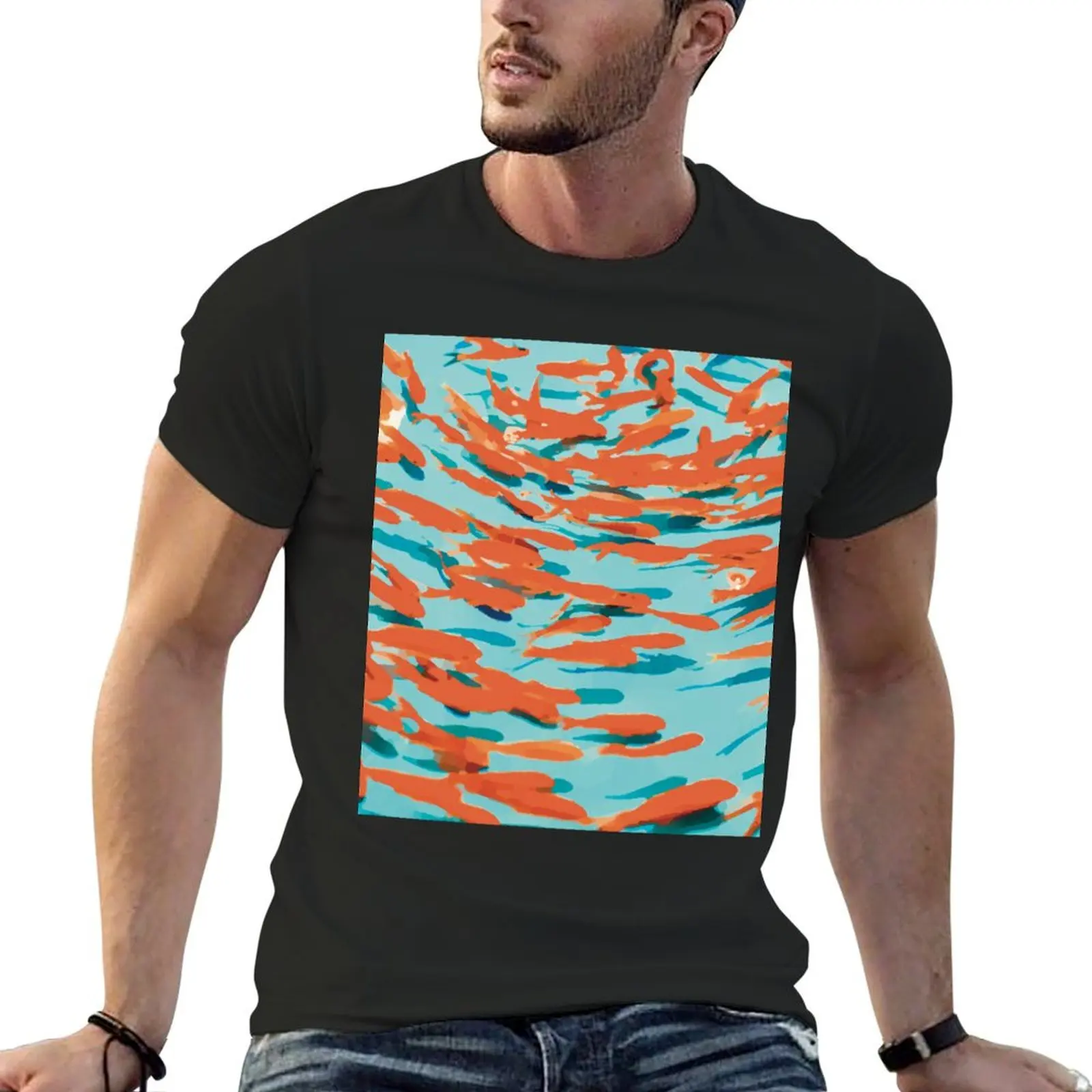 fish swarm bright blue orange T-Shirt street wear tops plus size tops vintage graphic tee cotton t shirt men